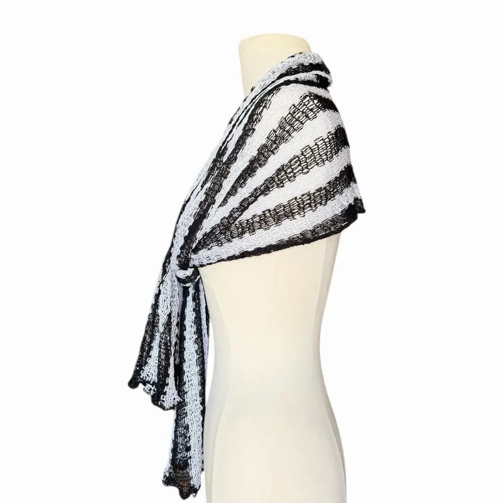 Vintage Handmade Black & White Striped Knit Fishnet Scarf Shawl Wrap Ruffle Edge